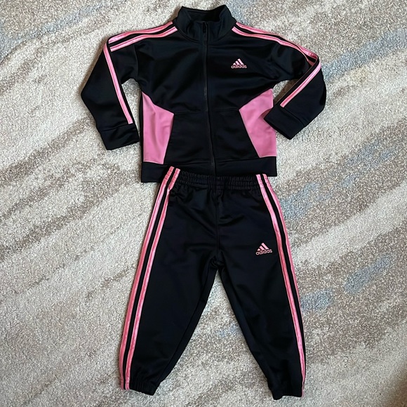 adidas Other - Adidas Tracksuit - Pink and Black 3 Stripe 2pc Set - Toddler Girls Size